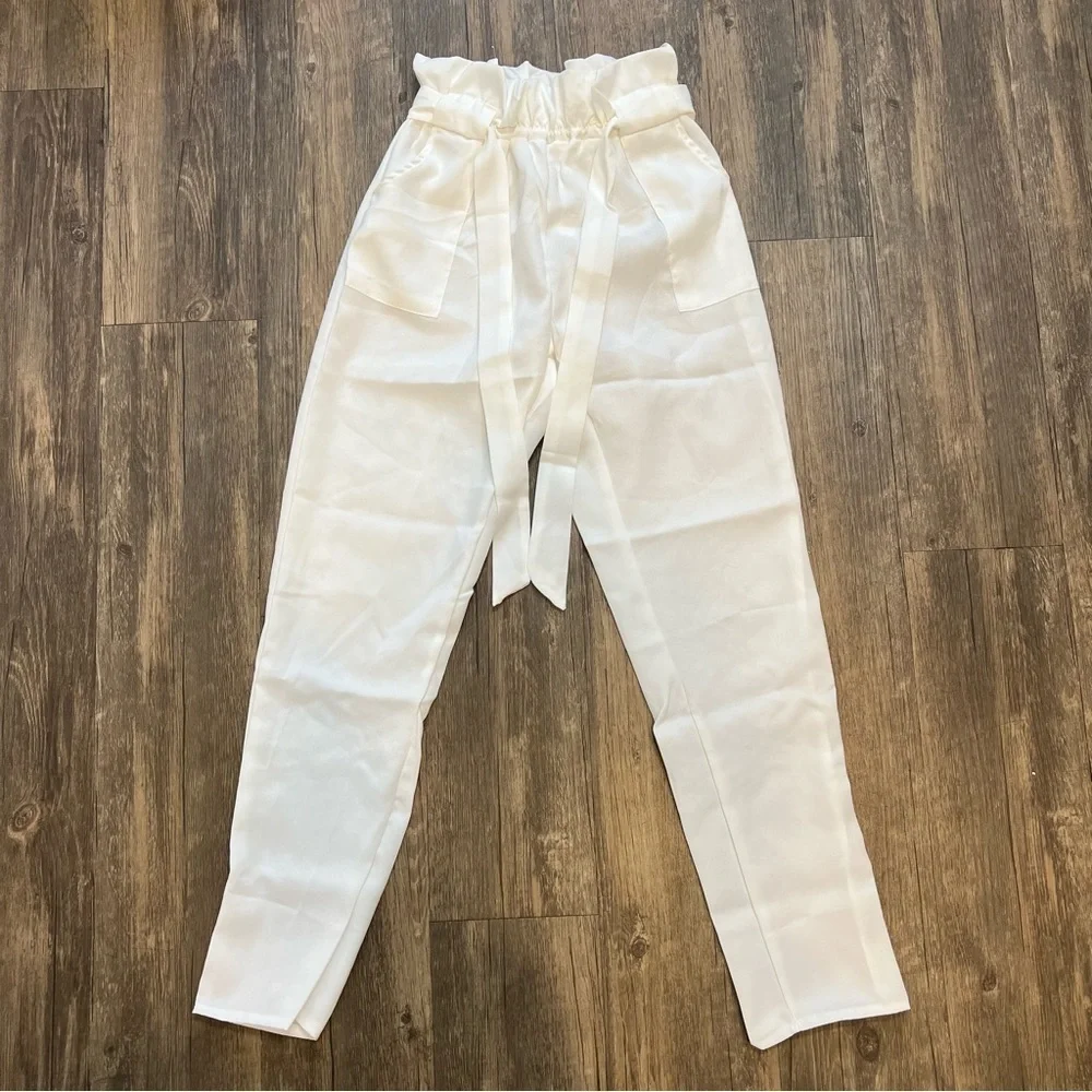 Women’s Elastic Tie Front High Waisted Belted Pants White Pocket Size M
